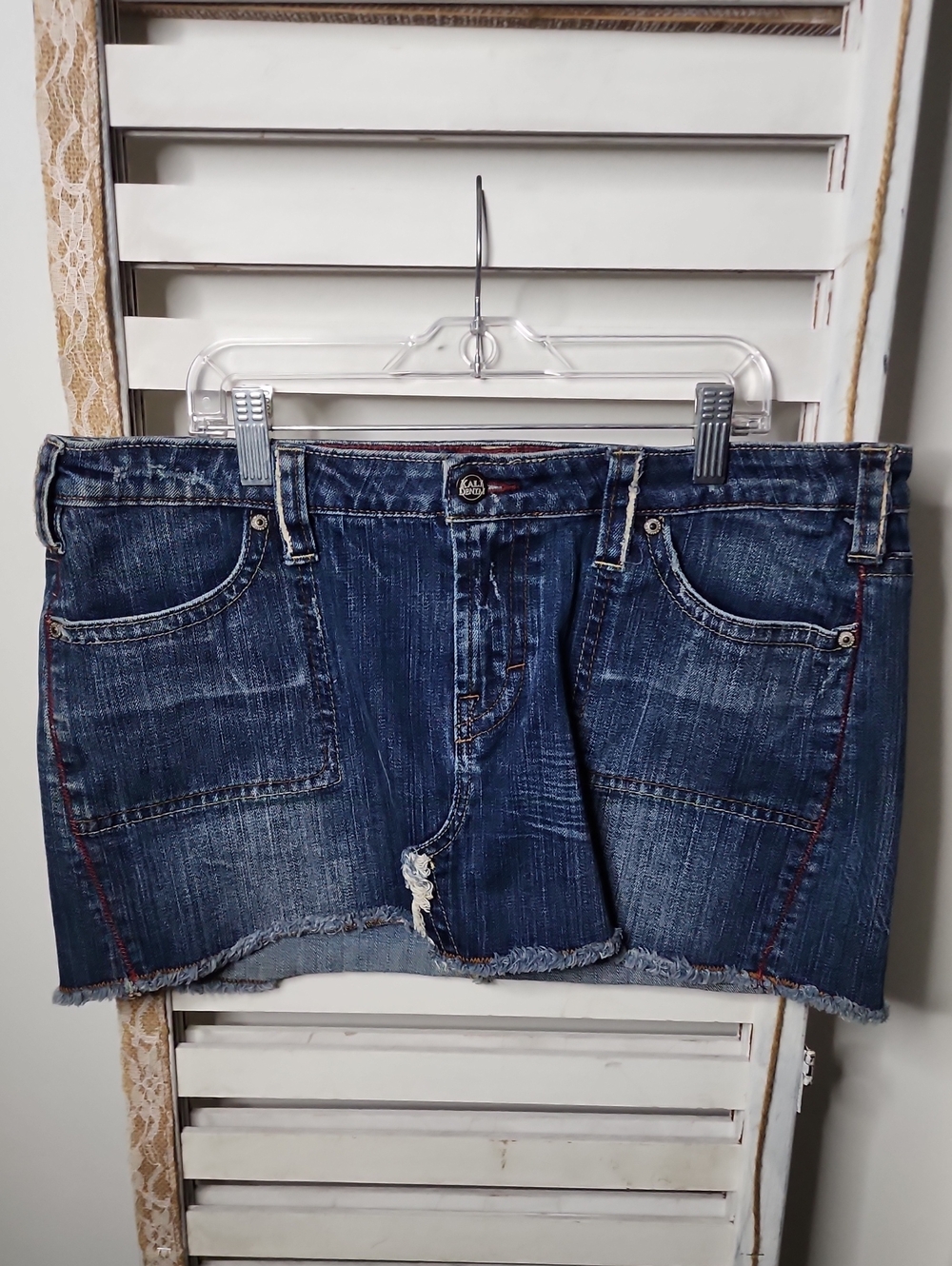 Denim Mini Skirt with Frayed Hem - Blue